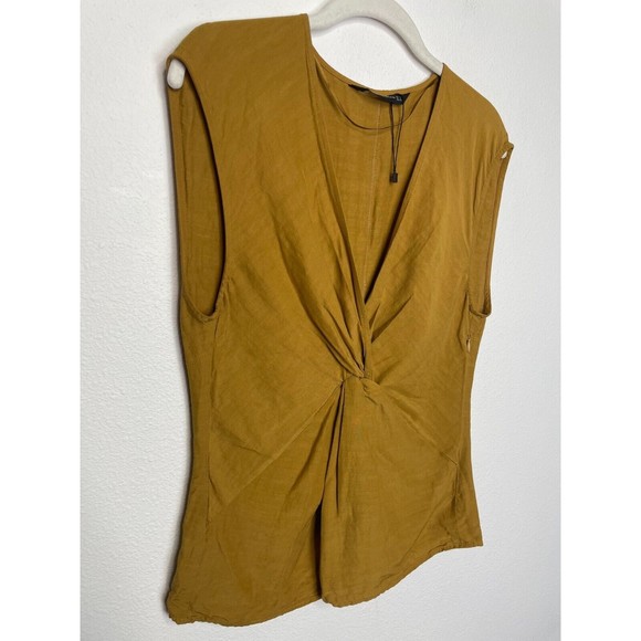 Zara Woman Sz 5 Knotted V-Neck Top Mustard Yellow Sleeveless Linen Cotton Blend - Picture 7 of 16